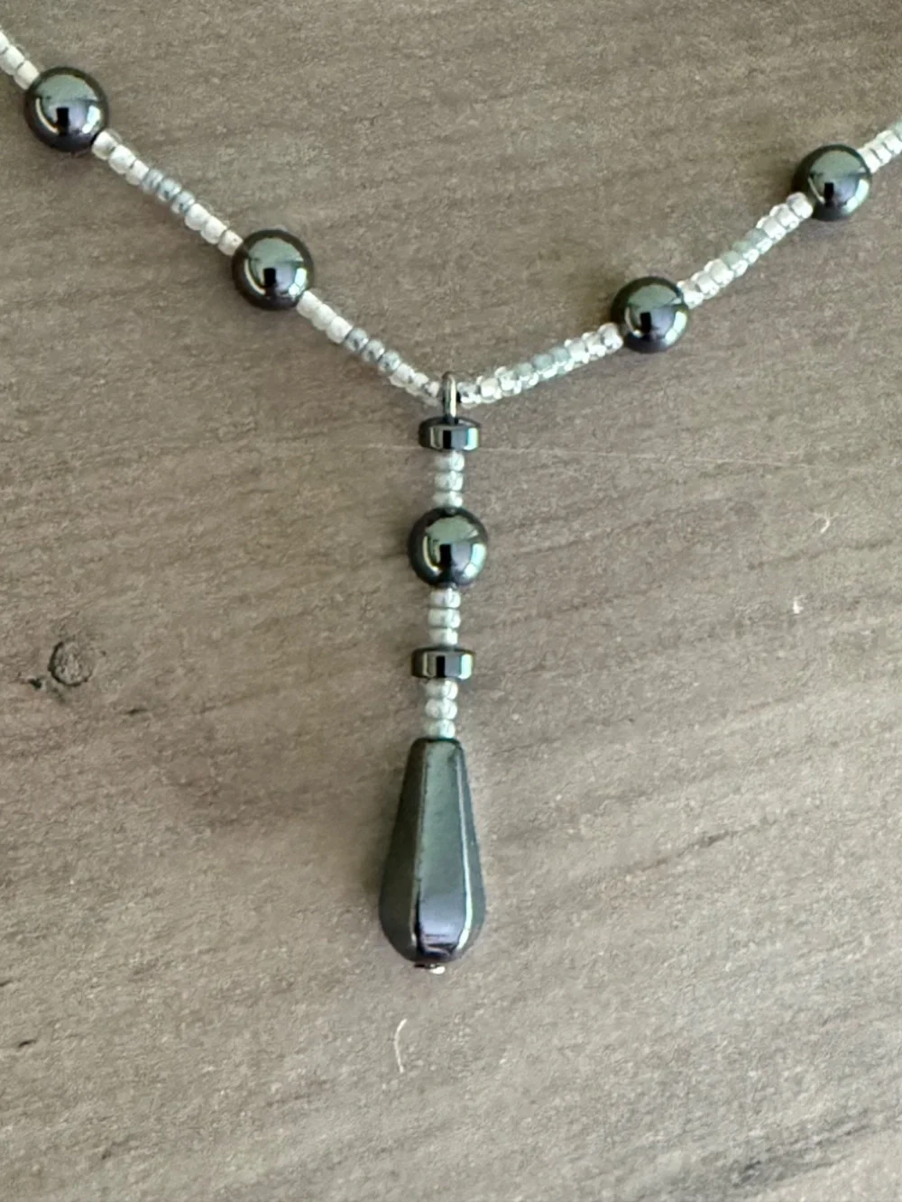 Pink/gray beaded drop necklace and earring set